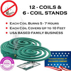 W4W Mosquito Repellent Coils - Outdoor Use Reaches Up To 10 Feet - Each Burns For 5-7 Hours (Three Pack Contains 12 Coils & 6 Stands)