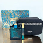 Versace Eros by Versace for Men - 3 Pc Gift Set 3.4oz EDT Spray, 10ml EDT Spray, Blue Trousse