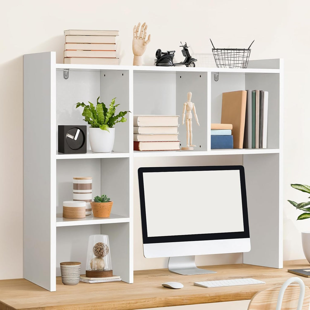 Oook White Desk Hutch, Dorm Organizers And Storage, Desktop Bookshelf With 5 Shelves, 3-Tier Wooden Desktop Organizer, Computer Desk With Hutch For Office Dorm Home