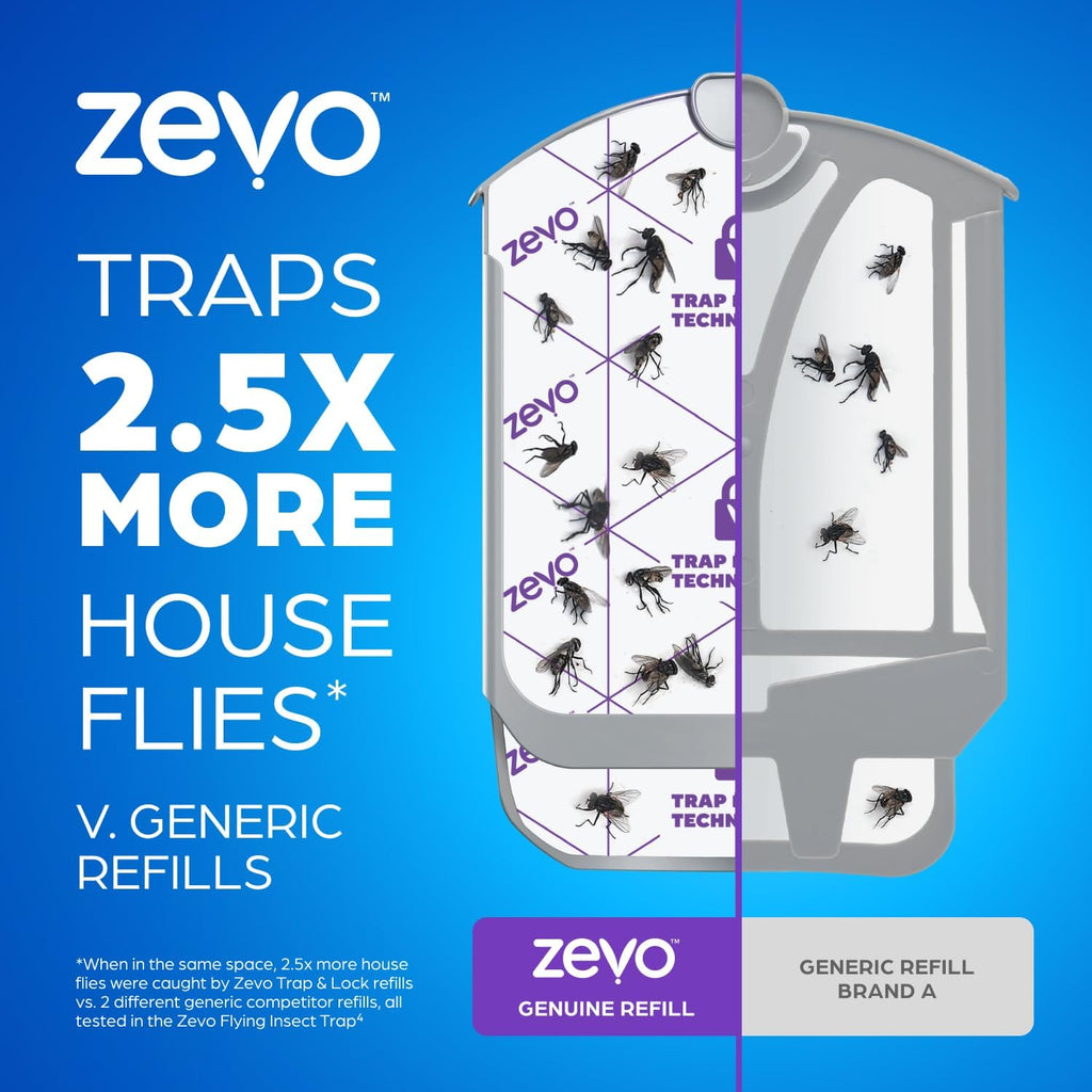 Zevo Flying Insect Trap Official Refill Cartridges - Fits Zevo Trap And Max Indoor Fly Trap, Trap+Lock Technology Fly Trap Refill For Gnats, House Flies & Fruit Flies (4 Official Refill Cartridges)