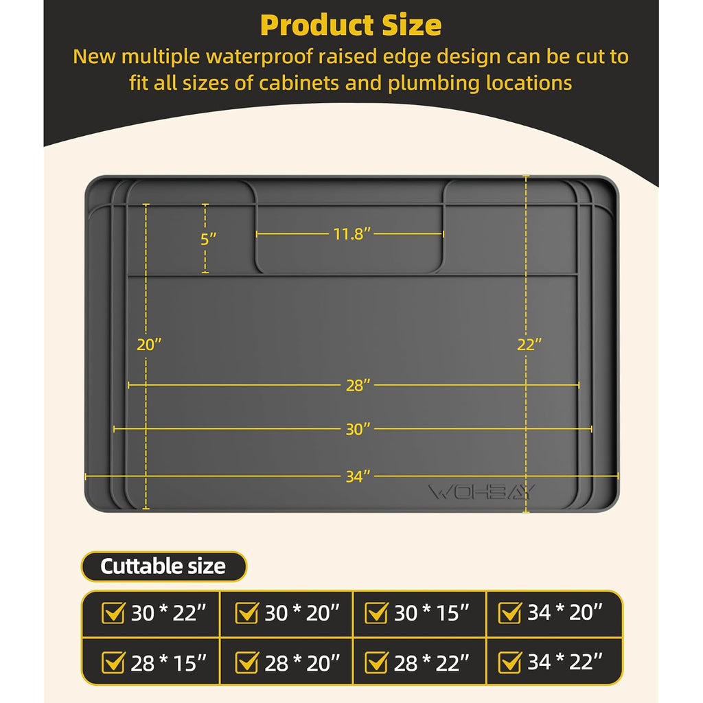 Under Sink Mats For Kitchen Waterproof, 34" X 22" Or Smaller Cut To Fit Under Sink Drip Tray For Kitchen Bathroom Cabinets, Silicone Liner Hold Up To 3.3 Gallons Liquid - Grey