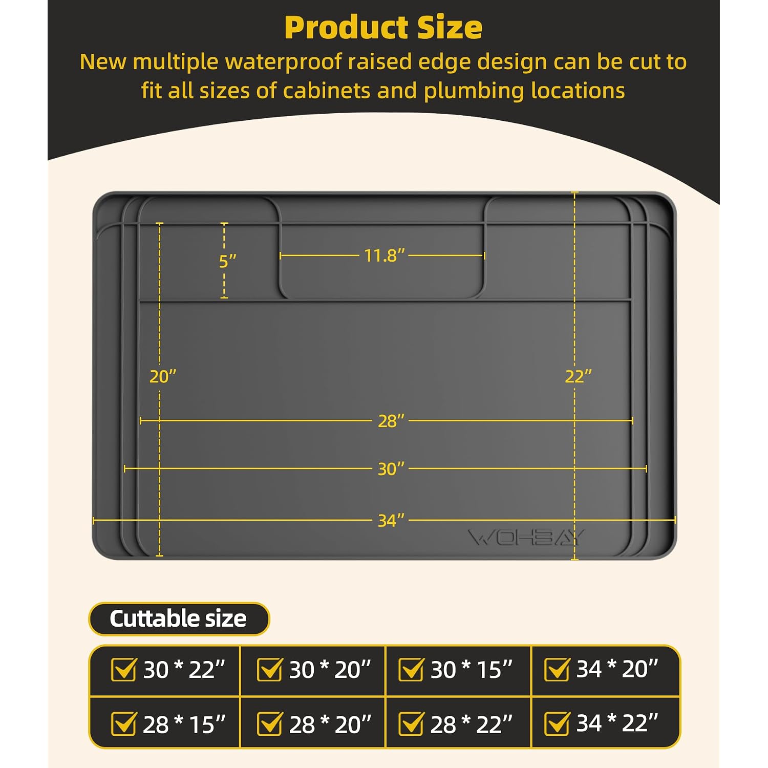 Under Sink Mats For Kitchen Waterproof, 34" X 22" Or Smaller Cut To Fit Under Sink Drip Tray For Kitchen Bathroom Cabinets, Silicone Liner Hold Up To 3.3 Gallons Liquid - Grey