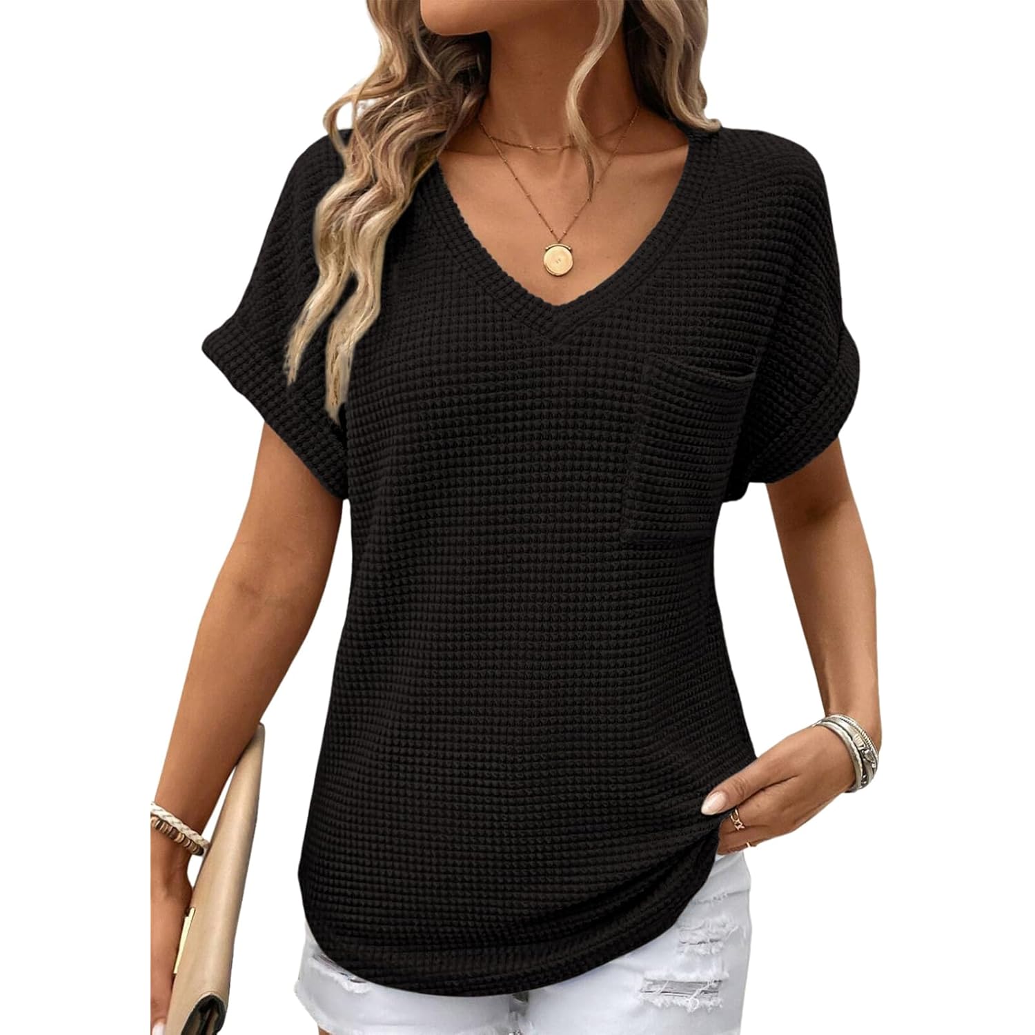 Womens Waffle Knit Tops 2026 Spring Summer V Neck Shirts Casual Trendy Women's Blouses Basic Tee