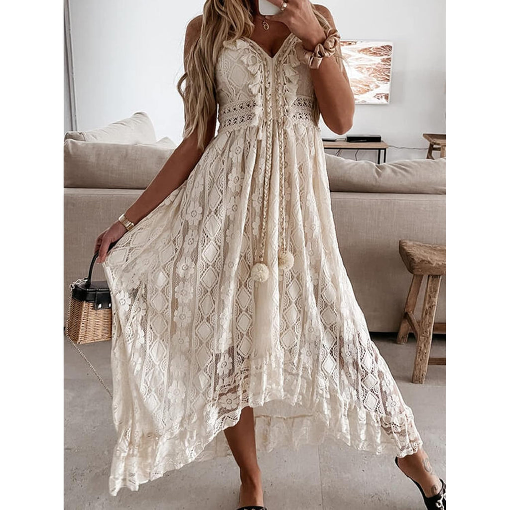 Cupshe Maxi Summer Dress For Women Lace V Neck Sleeveless Sundress Boho Crochet Tassel Flowy Beach Vacation Graduation Dress