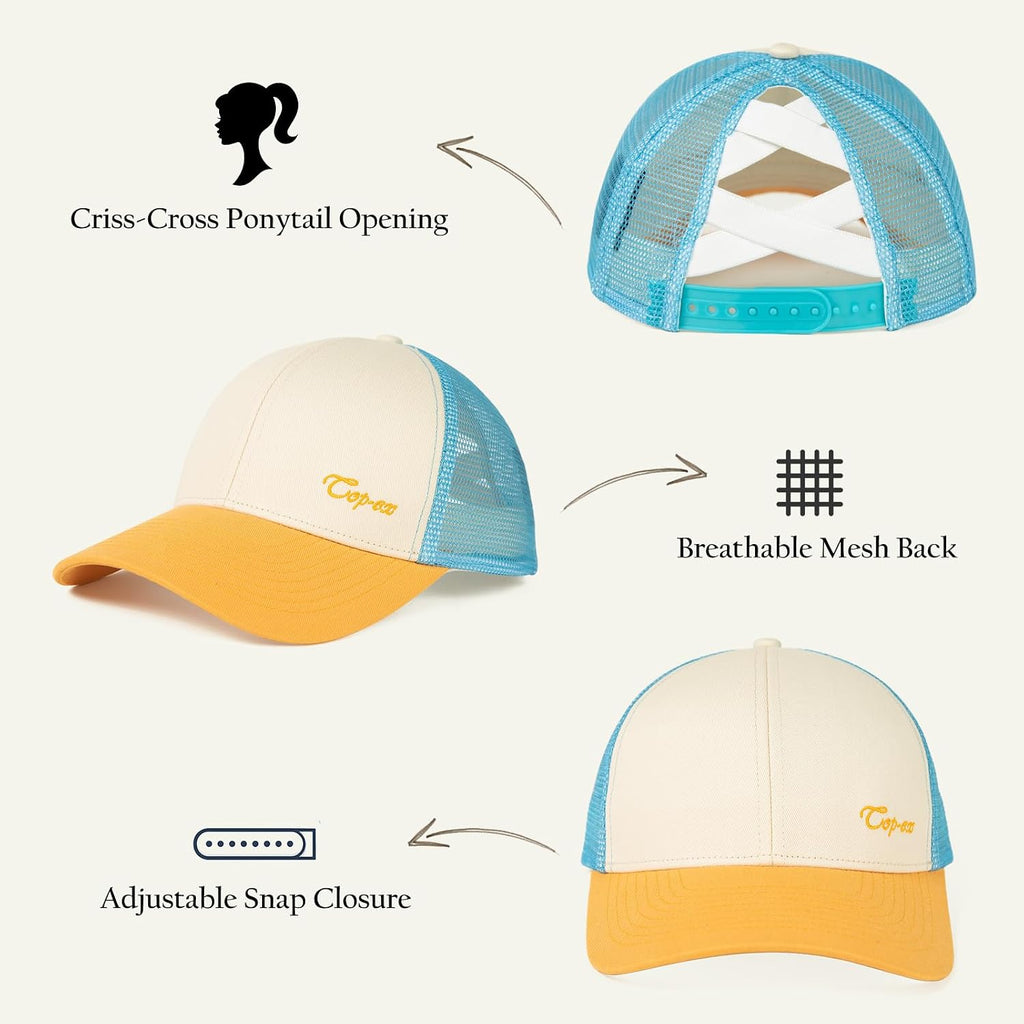 TOP-EX ChicPony™ S/M M/L High & Low Ponytail Beach Golf Snapback Trucker Hats for Women Girls Summer Cute Sunset Glow