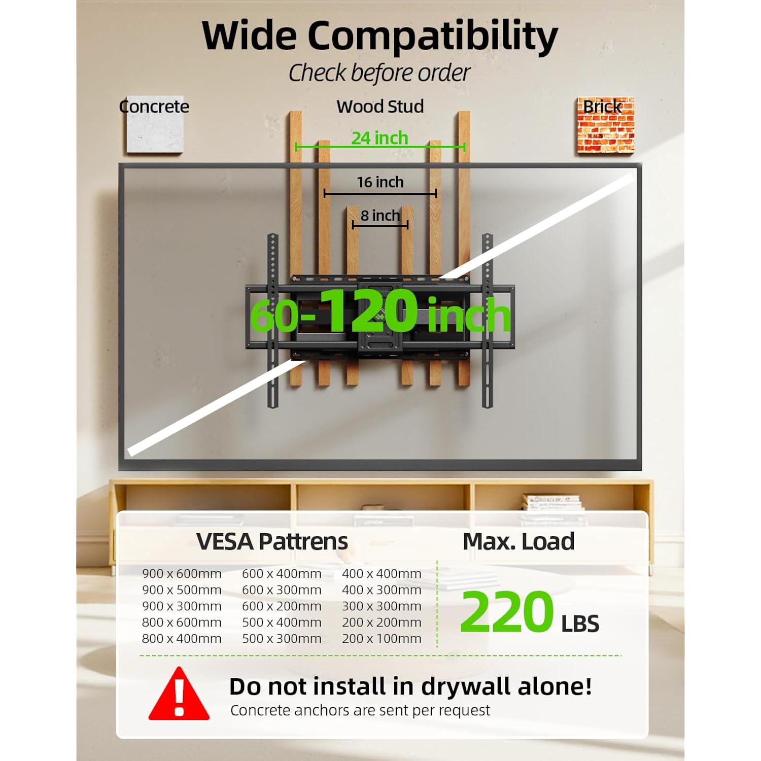 Usx Mount Heavy Duty Full Motion Tv Wall Mount For 60-120 Inch Tvs, Holds 220Lbs, 28" Extension Wall Bracket, Preassembled Tv Mount For 65" 75" 85" 90" 98" 100", Max Vesa 900X600Mm, Fits 12-24" Studs