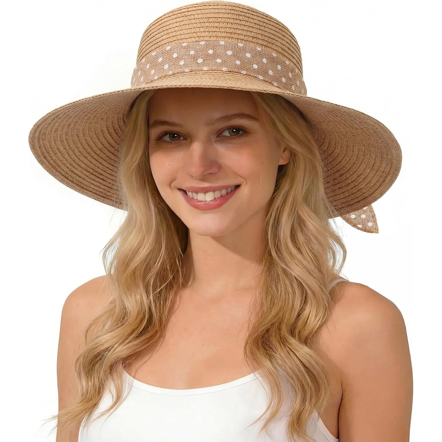 Senker Fashion Sun Hats for Women UV Protection, Wide Brim Beach Straw Derby Hat Packable Floppy for Summer Vacation UPF 50+