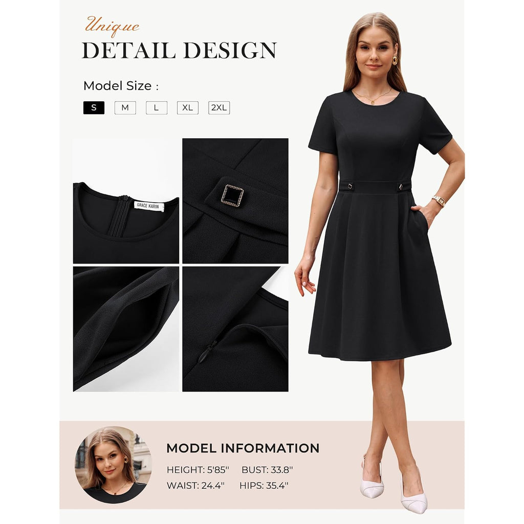 Grace Karin Church Dresses For Women 2026 Short Sleeve A Line Work Dresses Fit And Flare Dress With Pockets