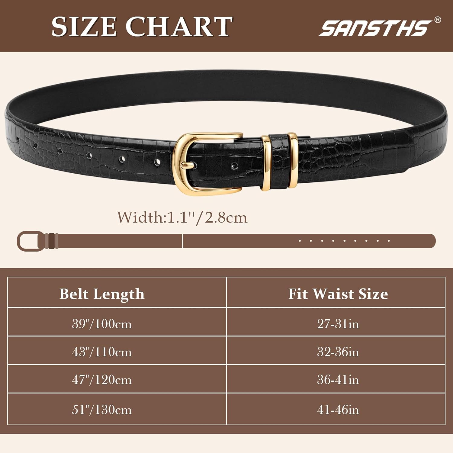 SANATHS Women Leather Belts for Jeans Pants Fashion Gold/Silver Buckle Ladies Dress Waist Belt Crocodile Grain