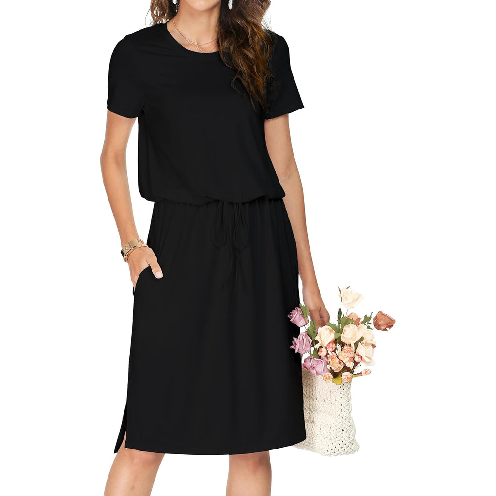 Simier Fariry Womens Summer Hide Belly Knee Length Travel Dress Pocket Short Sleeve Midi Work Casual Outfits