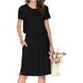 Simier Fariry Womens Summer Hide Belly Knee Length Travel Dress Pocket Short Sleeve Midi Work Casual Outfits