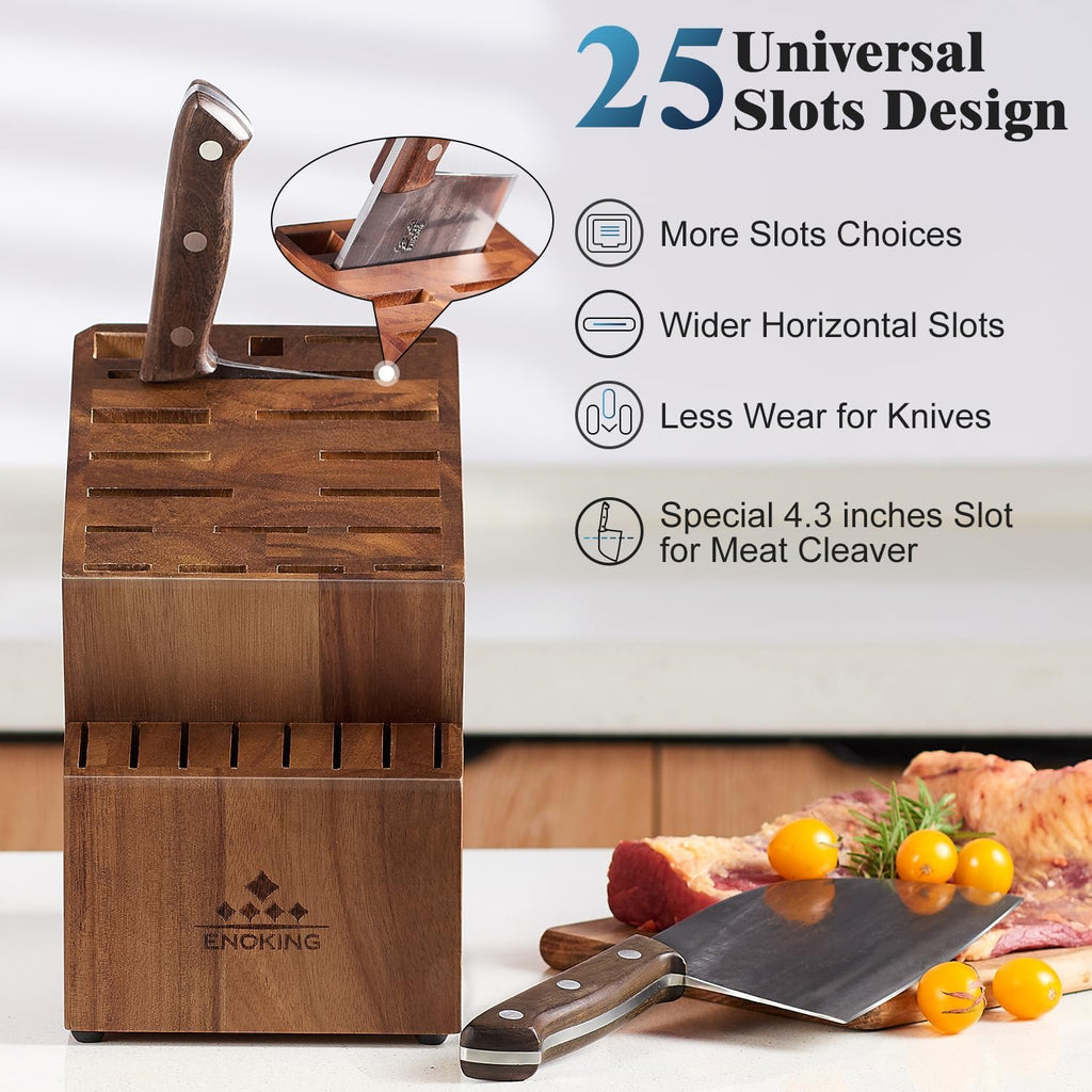 Knife Block Without Knives, Large Knife Holder- 25 Slots Acacia Wood Universal Knife Block, Butcher Block Countertop For Knife Storage Organizer