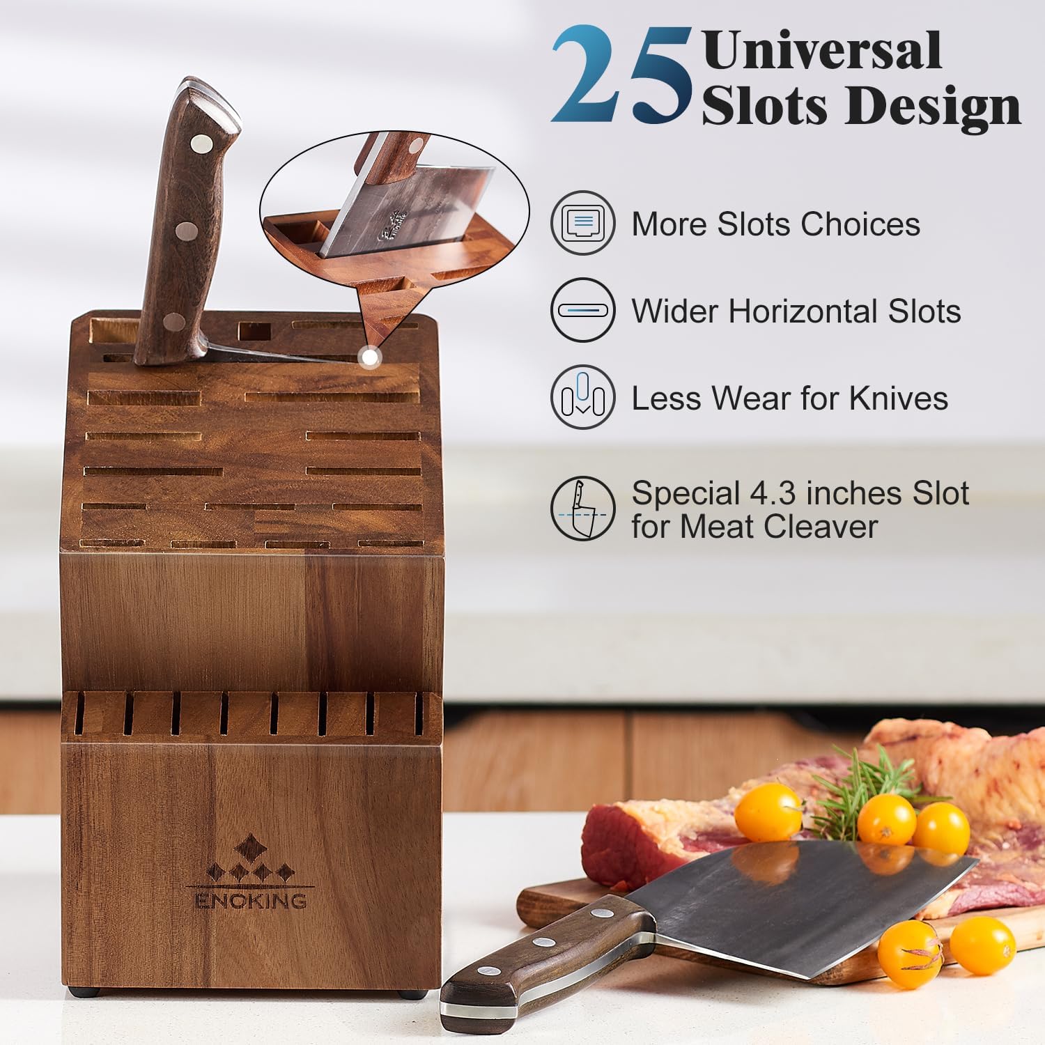 Knife Block Without Knives, Large Knife Holder- 25 Slots Acacia Wood Universal Knife Block, Butcher Block Countertop For Knife Storage Organizer