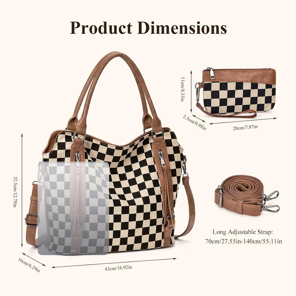 Checkered Tote Bag Large Checkered Purses For Women Plaid Hobo Shoulder Bag Multiple Pockets Tote Handbags