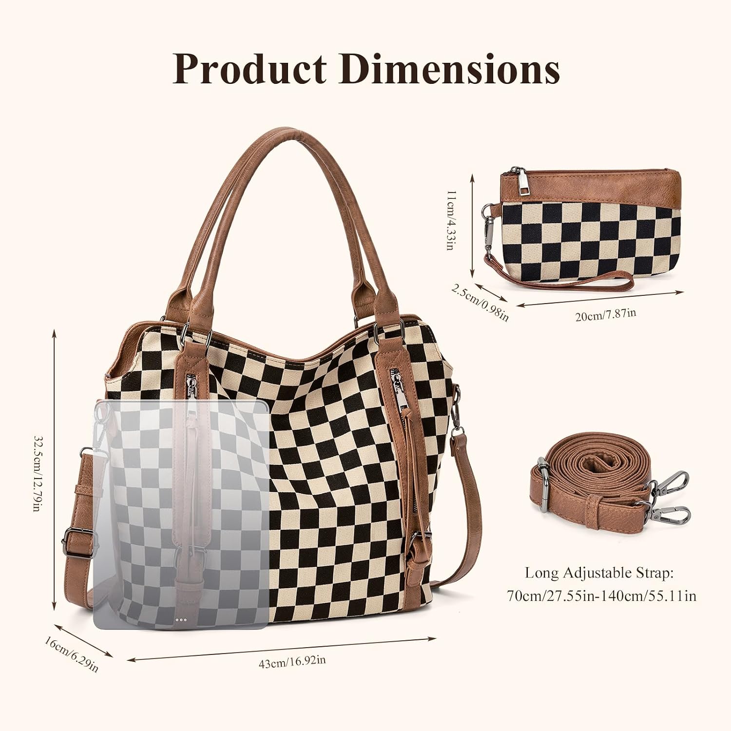 Checkered Tote Bag Large Checkered Purses For Women Plaid Hobo Shoulder Bag Multiple Pockets Tote Handbags