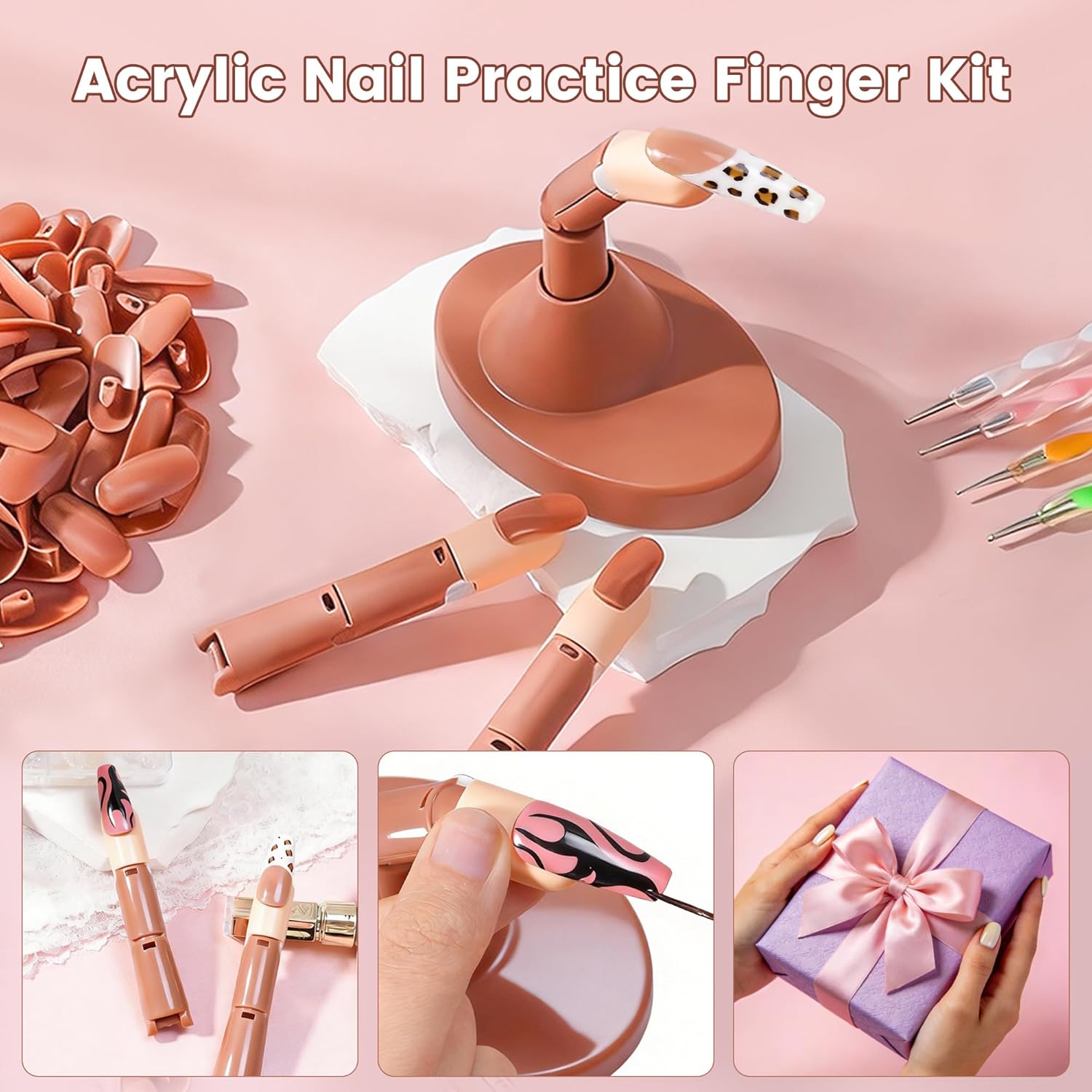 Practice Finger for Acrylic Nails, 3PCS Adjustable Nail Practice Hand Finger with Base Stand and 100PCS Brown Nail Tips, Practice Hand for Home Salon DIY Beginner(Brown)