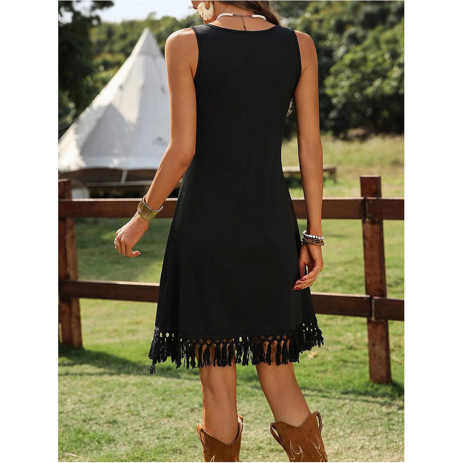 Verdusa Women'S Western Fringe Tank Dresses Cowgirl Sleeveless Short Summer Dress