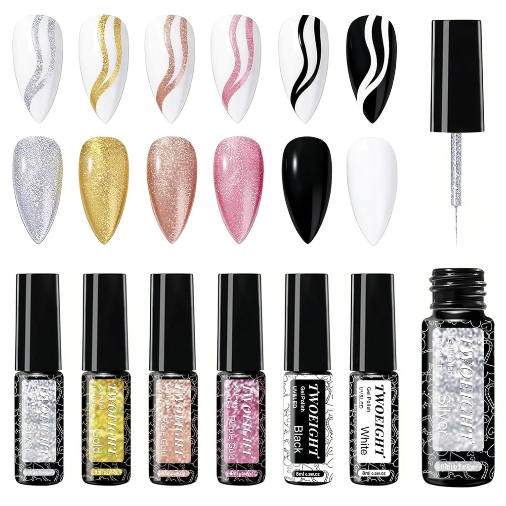 TWOEIGHT 6 Pcs 8 ML Gel Liner Polish Nail Art Set Chrome Metallic Glitter Soak Off Gel Polish Kit Nail Art Manicure Salon DIY at Home for Women (Silver Gold Rose Gold Purple Gold Black White)