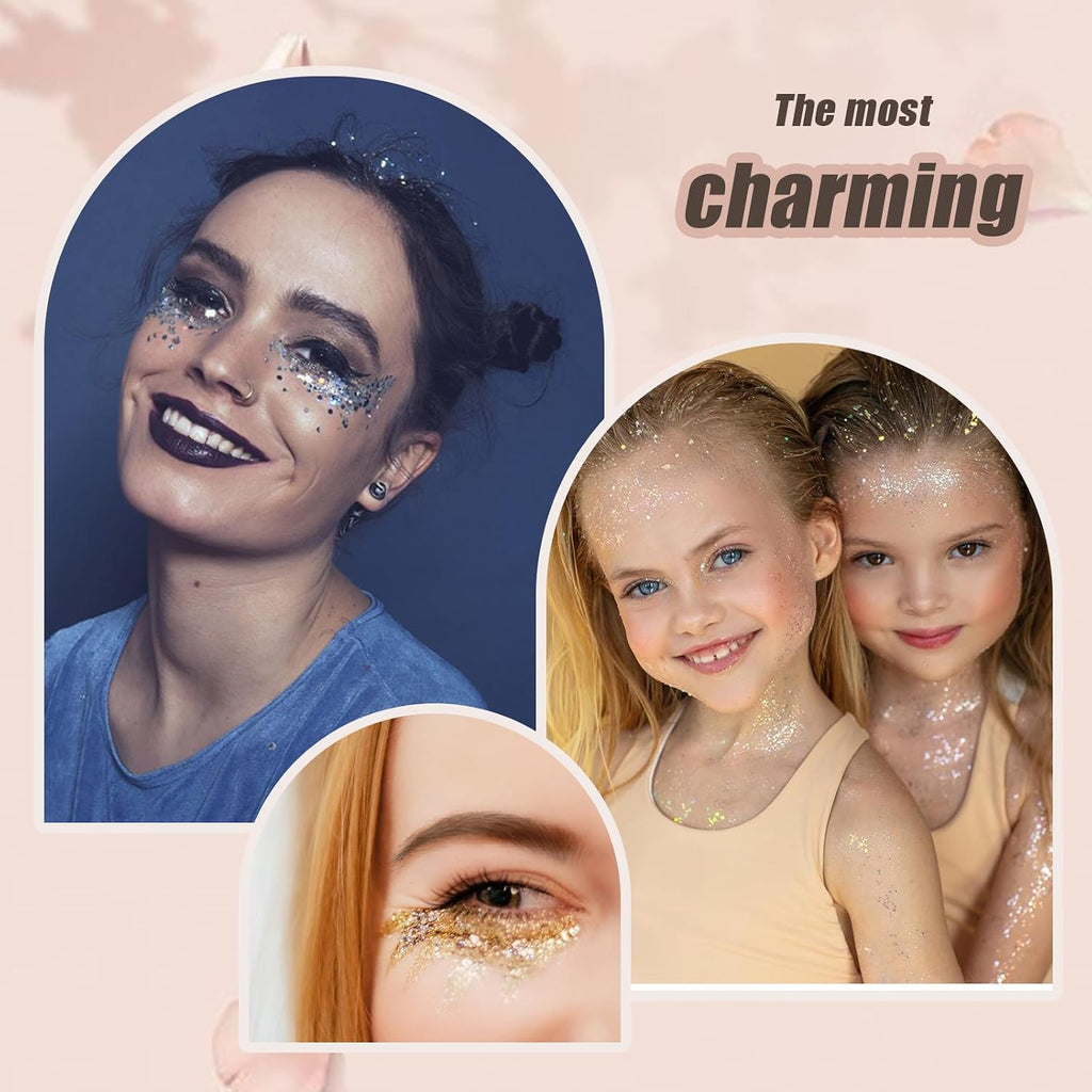 Face Body Glitter, Hair Glitter Sparkles Chunky Face Glitter Gel For Girls Makeup Singer Concerts Mermaid Festival Sequins Face Paint (White+Silver+Pink+Gold+Blue)