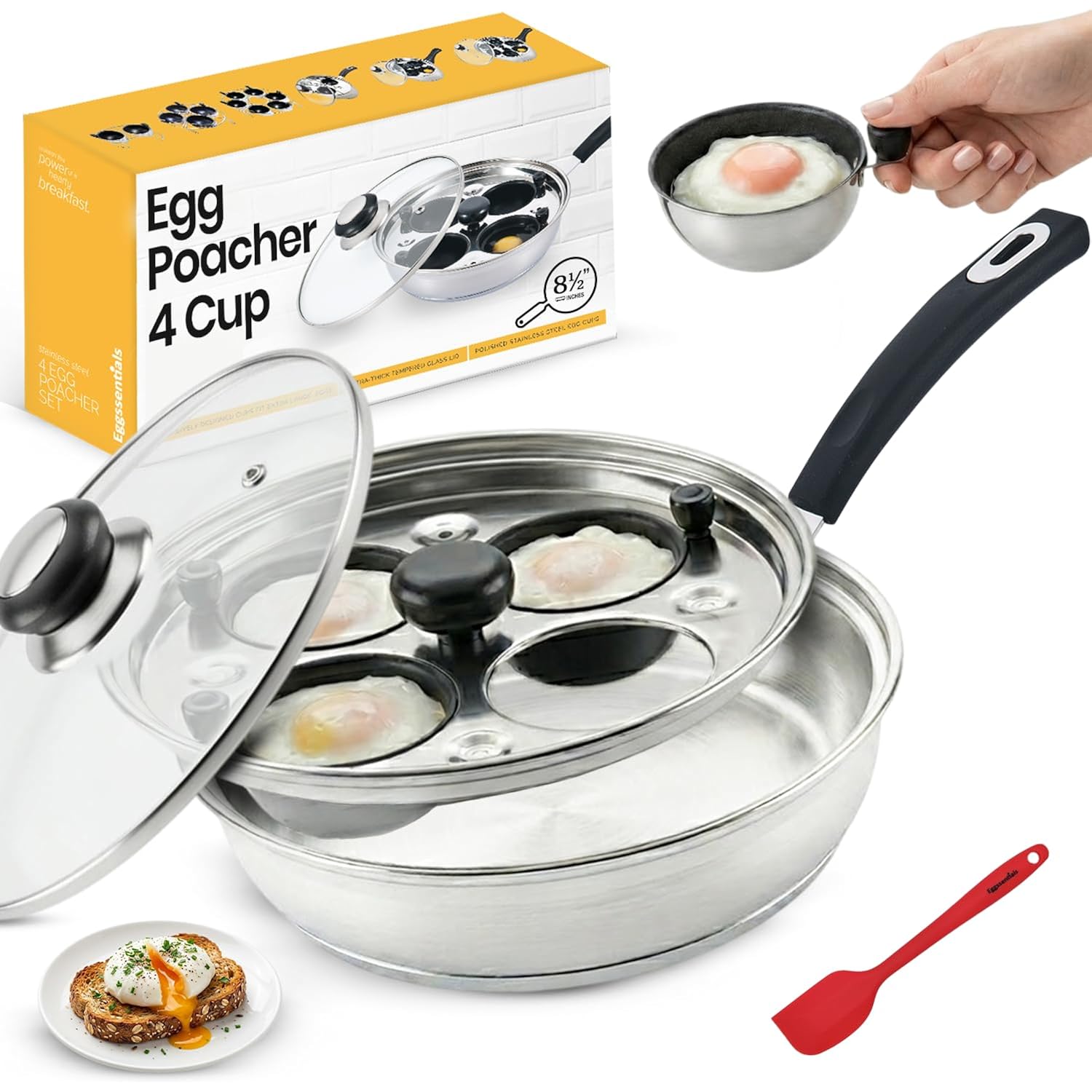 Egg Poacher - Eggssentials Poached Egg Maker, Stainless Steel Egg Poaching Pan, Poached Eggs Cooker Food Grade Safe PFOA Free with Spatula.