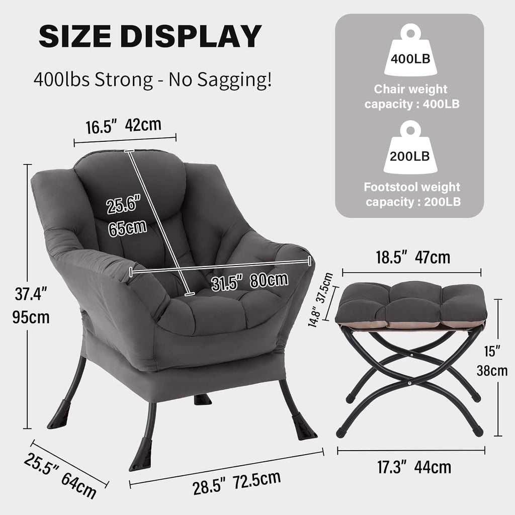 Lazy Chair With Ottoman, Gray Modern Large Accent Chairs, Comfy Leisure Sofa Armchair With Ottoman, Reading Chair With Footrest For Bedroom, Living Room, Dorm Rooms, Garden Dark Grey
