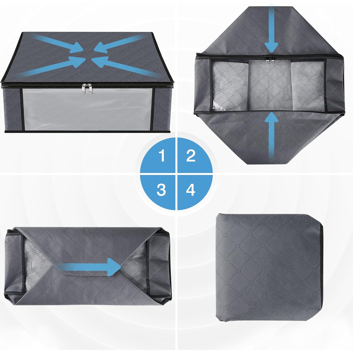 Homehacks Storage 3-Pack Clothes Organizer Storage Bags Foldable Storage Box With Large Clear Window Sturdy Handles For Closet, Dorm, Pillows, Bedding, Clothes, Blankets, 35L, Gray