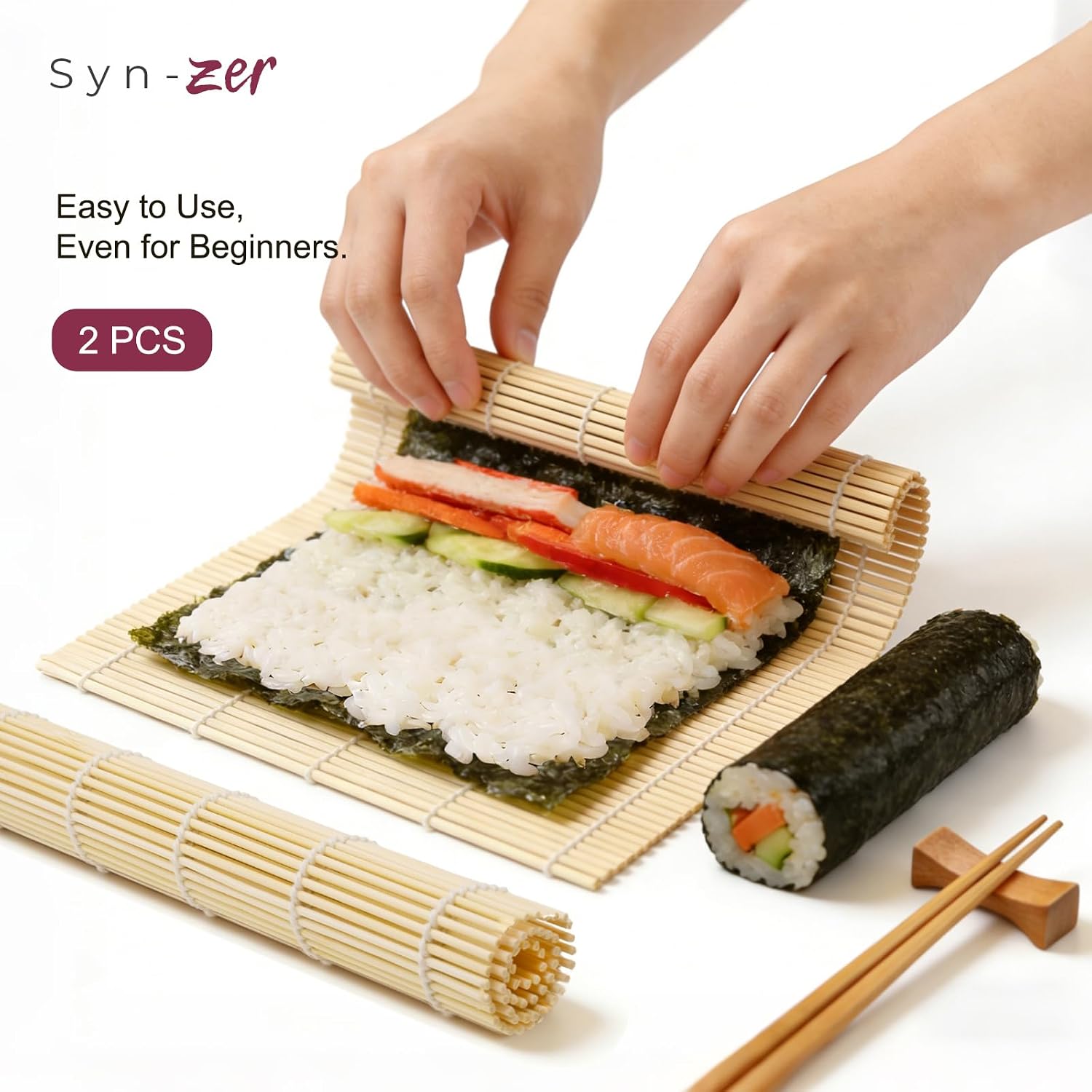 Syn-Zer Bamboo Sushi Mats 2-Pack, 9.5" Rolling Tool For Maki | Diy Sushi Making, Reusable Roller, Kitchen Tool, Hand Rolls, Maki, Sushi Prep