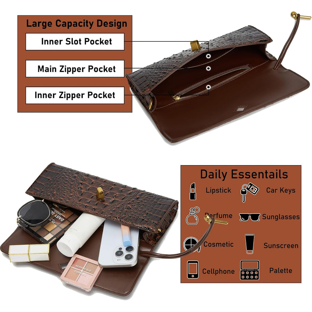 Trendy Women Crocodile Evening Clutch Purse Crossbody Shoulder Handbag Cute Vegan Leather Satchels