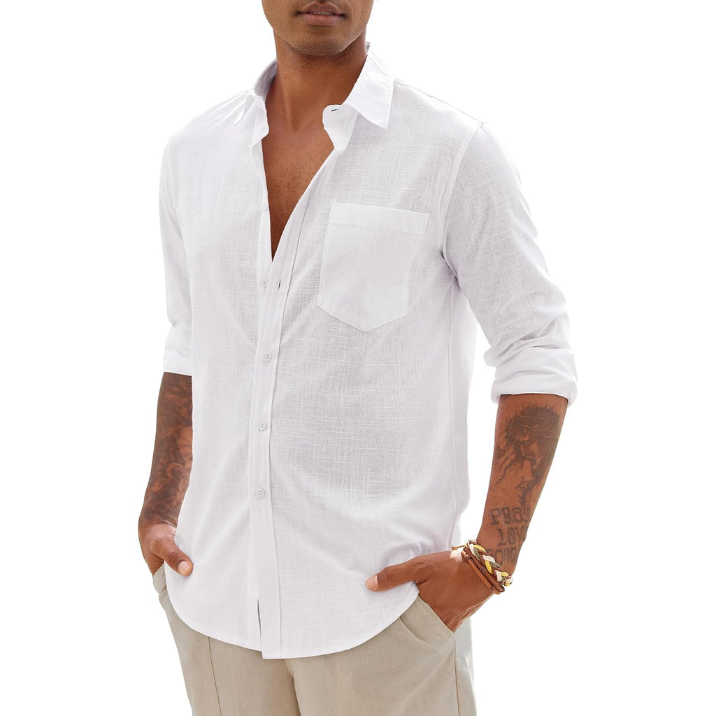 Demeanor Mens Linen Textured Shirt Long Sleeve Casual Cotton Solid Regular Fit Wedding Summer Beach Button Down Shirt