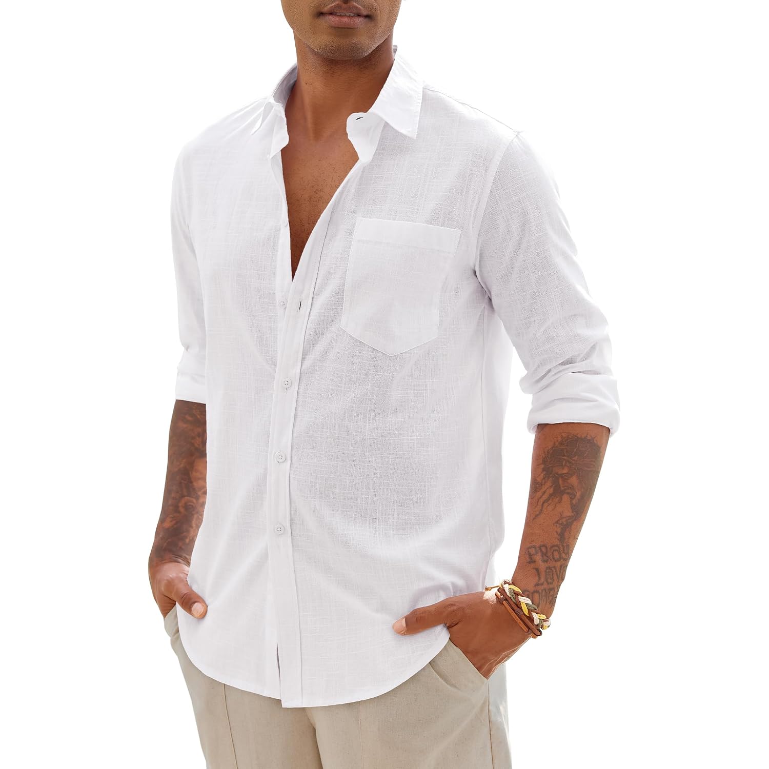 Demeanor Mens Linen Textured Shirt Long Sleeve Casual Cotton Solid Regular Fit Wedding Summer Beach Button Down Shirt