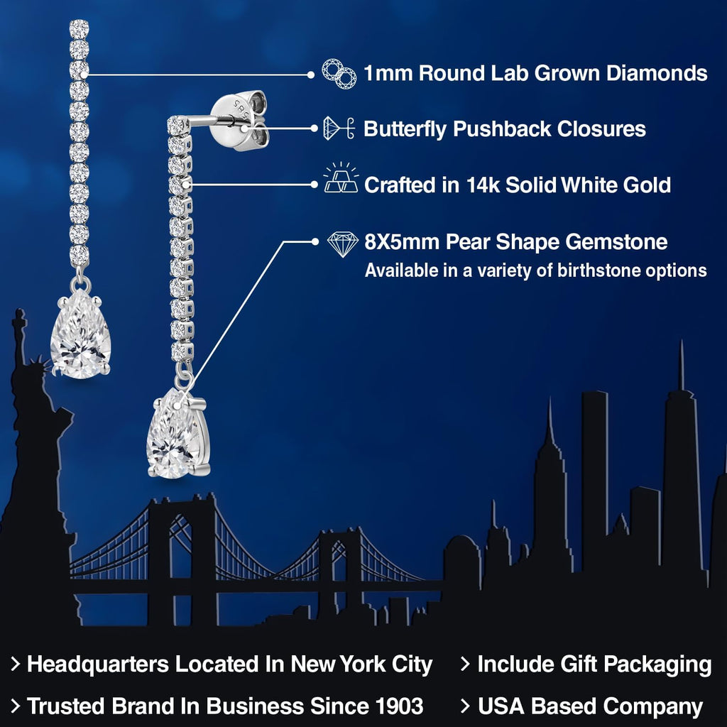 Gem Stone King 1.82 Cttw 14K White Gold White Lab Grown Diamond Long Liner Dangle Teardrop Earrings for Women | Pear Shape 8X5MM | F-G Color | VS1 Clarity | White Gold Chain Drop Earring