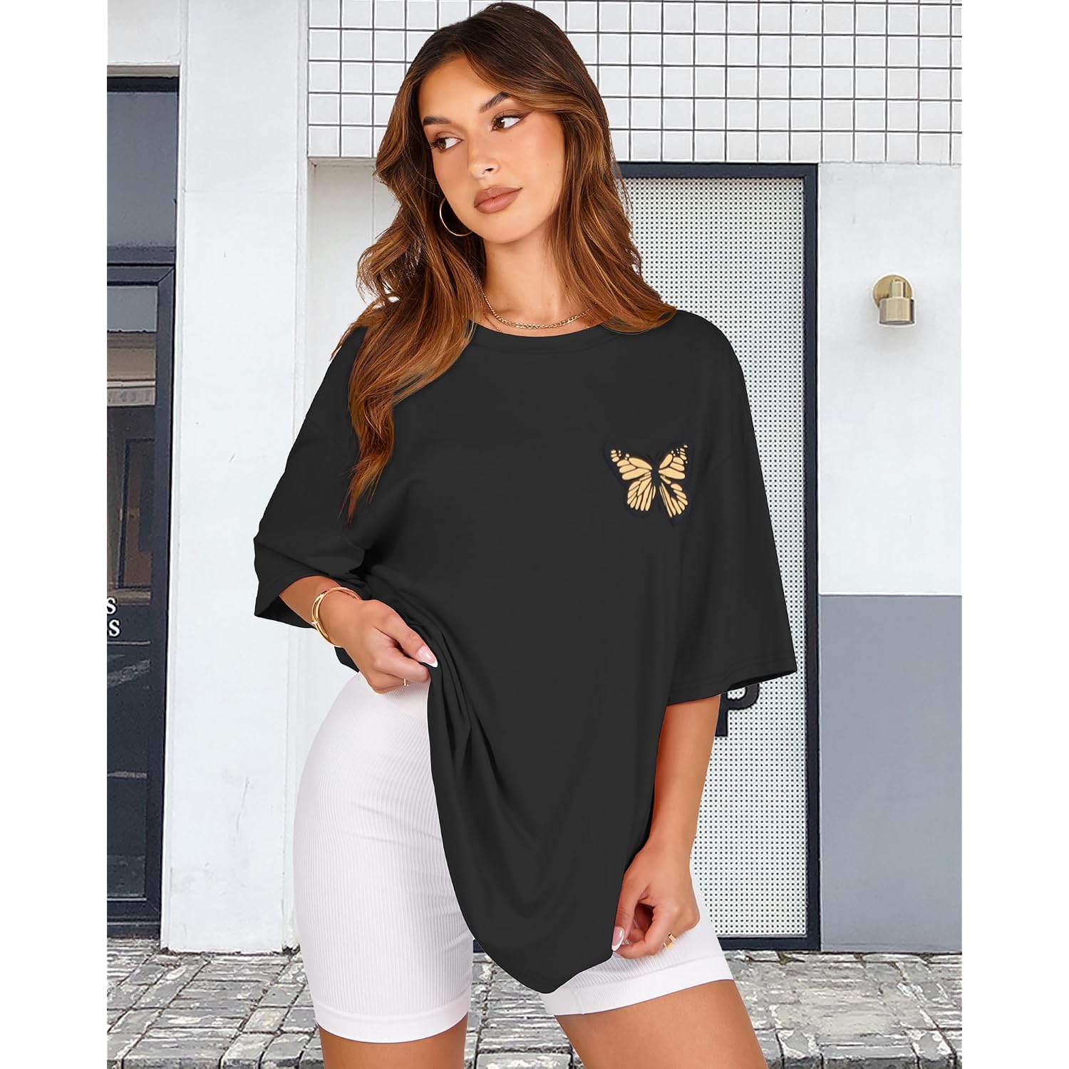 Womens Oversized Tshirt Graphic Tees Crew Neck Summer Short Sleeve Loose Fit Tops 2026 A-butterfly Print Black