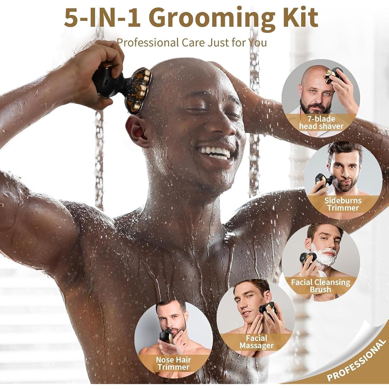 SHPAVVER Head Shavers for Bald Men: 5-in-1 Upgraded Electric Razor - IPX7 Waterproof Shaving Grooming Kit for Balder - Turbo Speed & Precision Blades (Ink Gold)