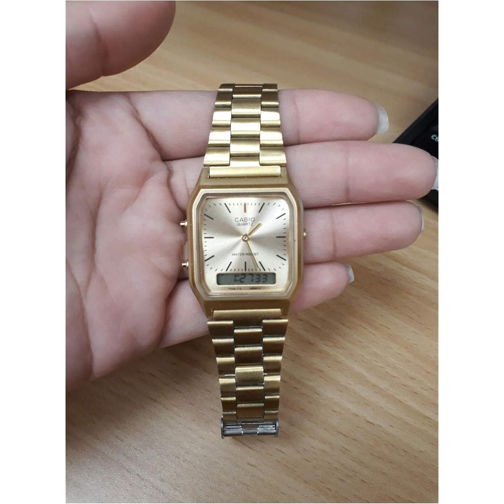 Casio Aq230Ga-9D Men'S Analog Digital Dual Time Gold Tone Metal Band Watch