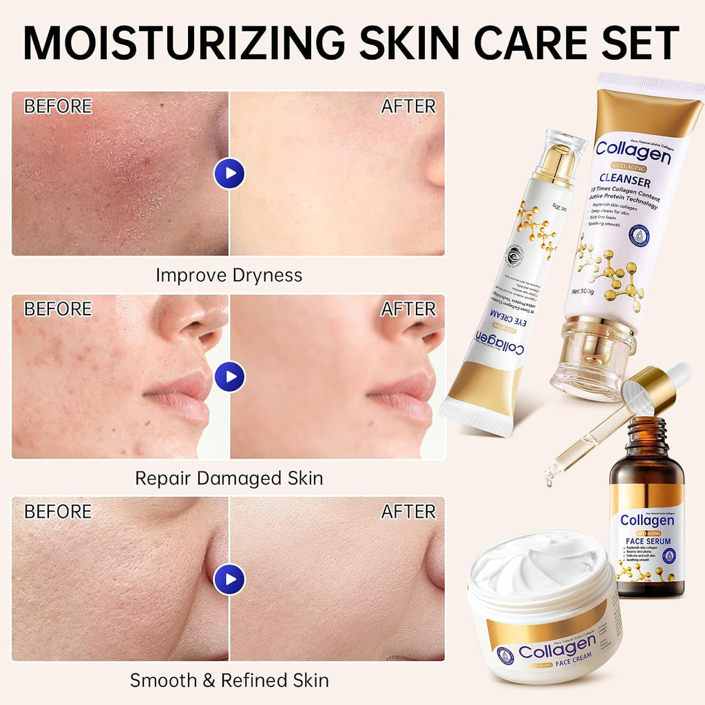 Collagen Skin Care Set, Anti Aging Skincare Set For Wrinkles & Fine Lines, Shrink Pores, Hydrate & Firm Skin, 7 Pcs Skincare Kits For Women With Cleanser, Toner, Serum, Cream, Eye Cream, 2 Pcs Masks.