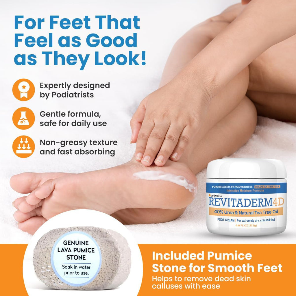 Revitaderm 4D 40% Urea Advanced Foot Cream for Cracked Heels & Dry Skin, Intensive Repair for Rough, Callused Feet, Fast Absorbing, Fragrance Free, Made in USA, 4 oz with Pumice & Brush, 1 Pack