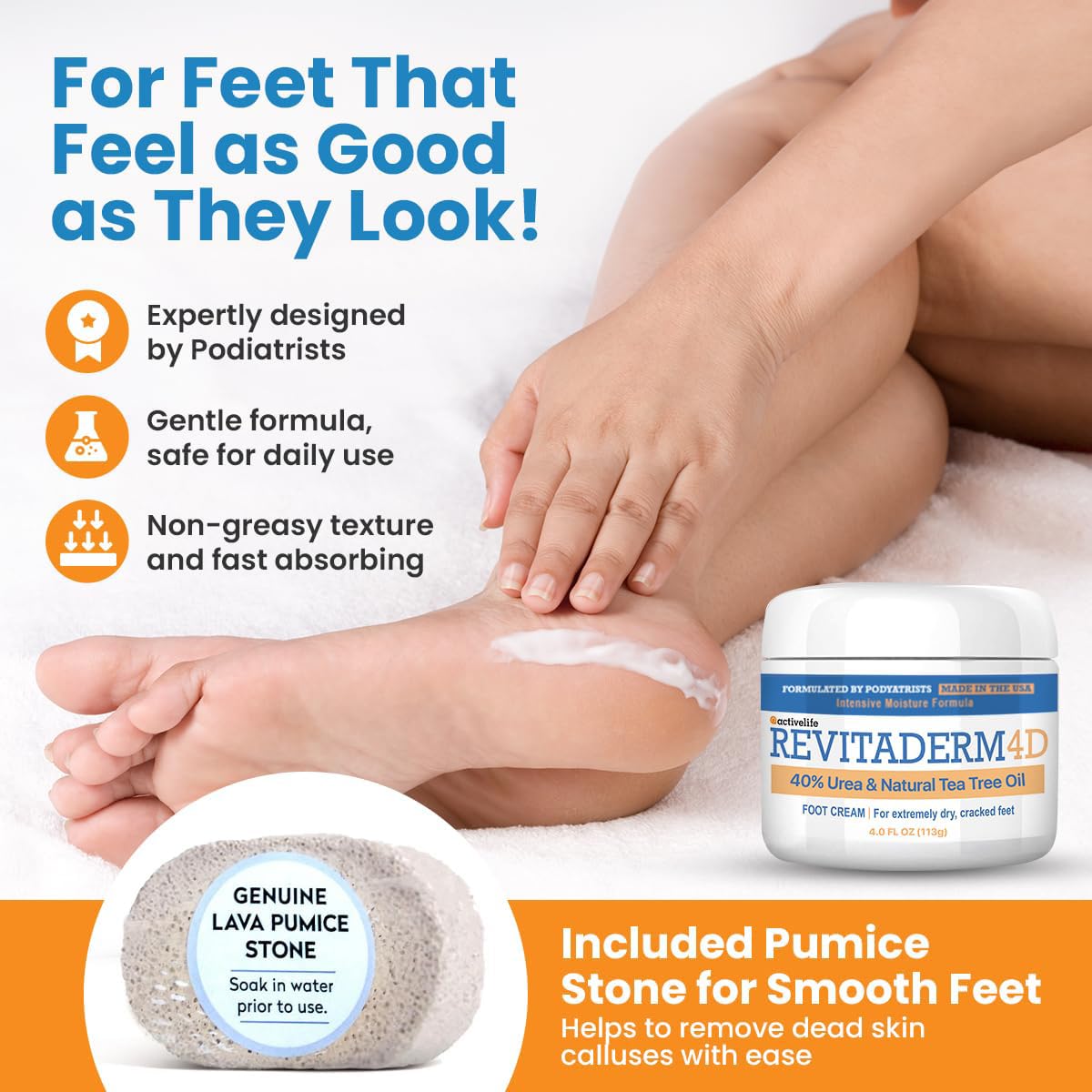 Revitaderm 4D 40% Urea Advanced Foot Cream for Cracked Heels & Dry Skin, Intensive Repair for Rough, Callused Feet, Fast Absorbing, Fragrance Free, Made in USA, 4 oz with Pumice & Brush, 1 Pack