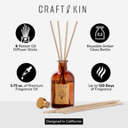 Craft & Kin Oud Wood Reed Diffuser – 5.75 Oz Essential Oil Diffuser For Home & Bathroom – Up To 120-Day Fragrance With 8 Rattan Scent Sticks – Amber Glass Room Decor