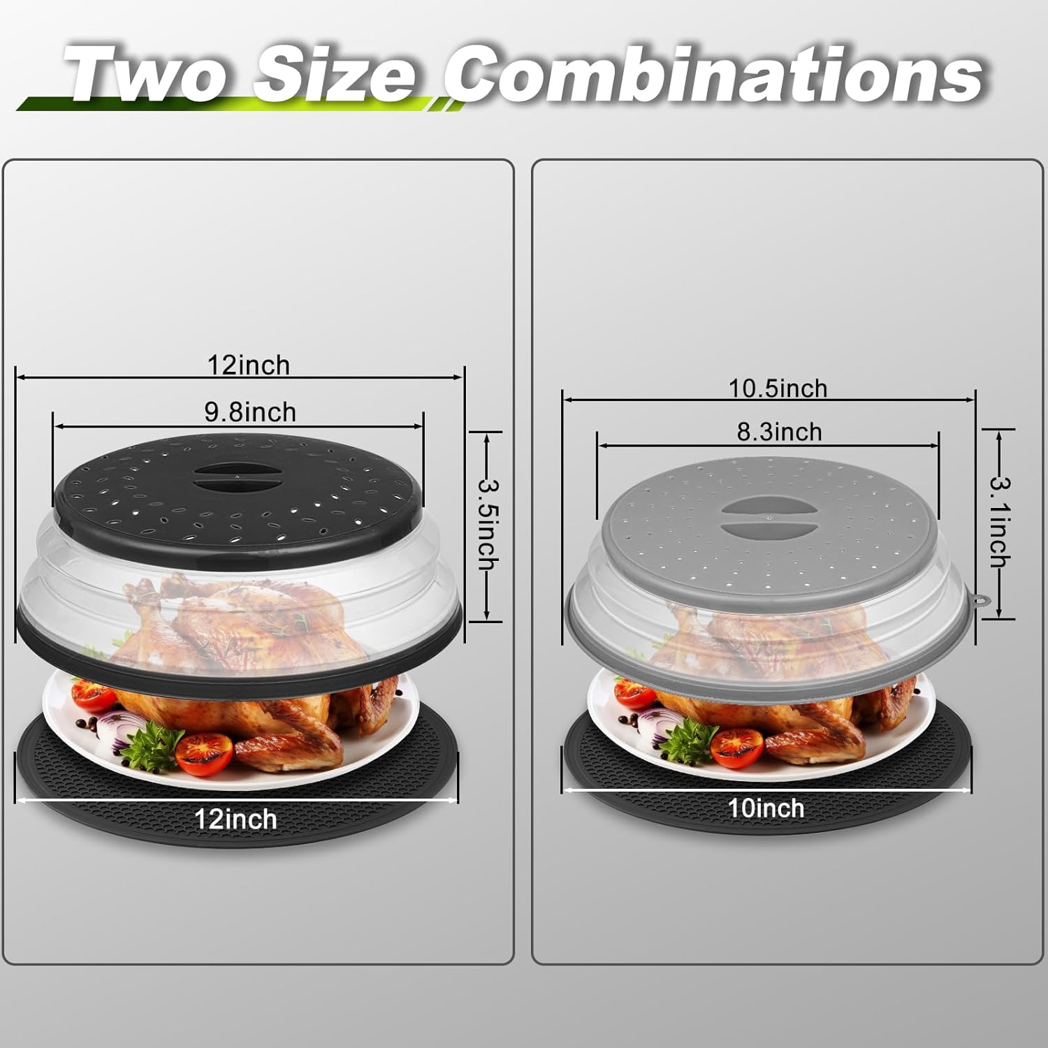 12" Microwave food Cover & Mat,Large Vented Collapsible Splatter Guard dish Plate lid & Silicone Round Kitchen mat