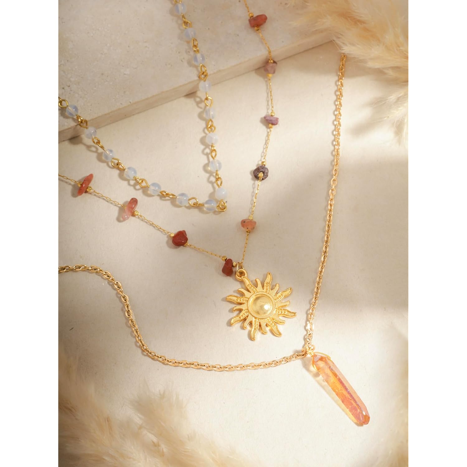 Sacina Layered Crystal Sun Necklace, Gothic Boho Hippie Summer Beach Necklace, Boho Hippie Jewelry, Christmas Jewelry Gift for Women