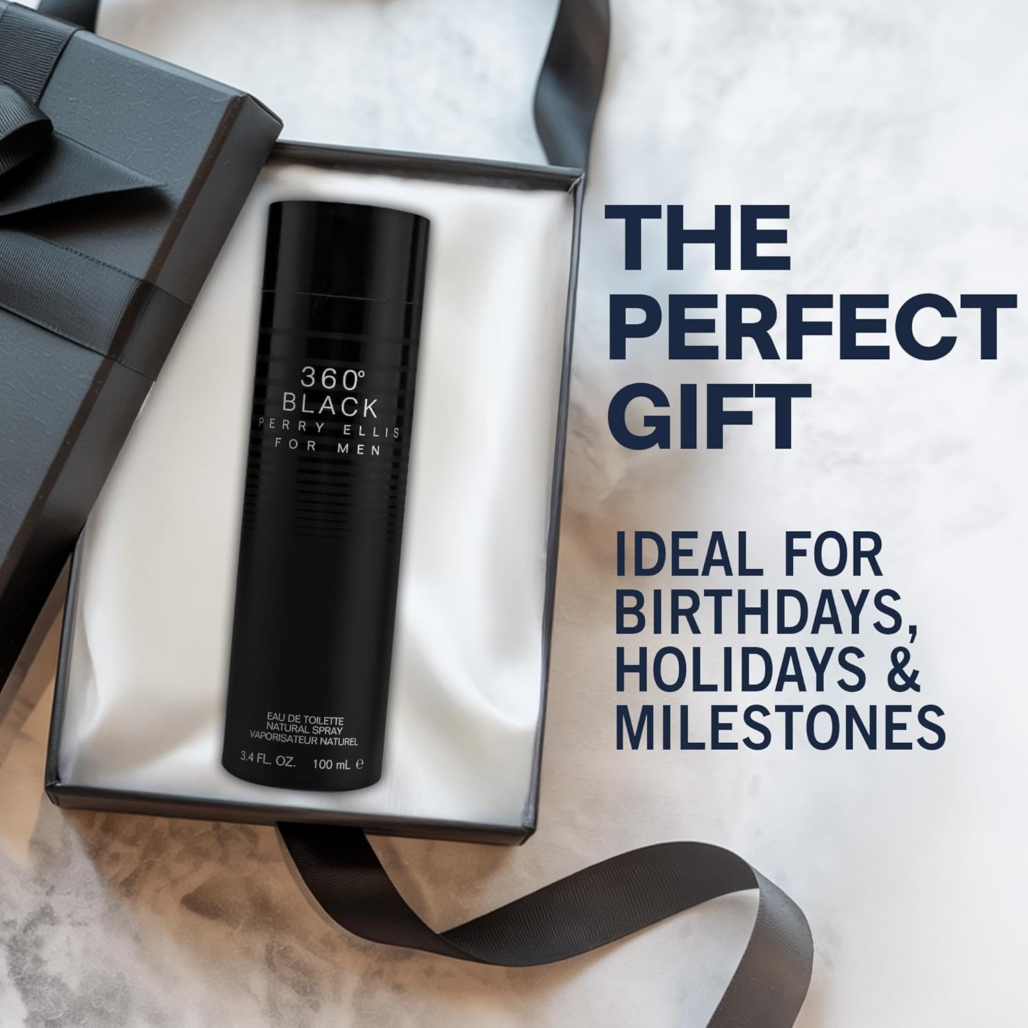 Perry Ellis 360° Black Eau De Toilette Spray for Men - Mens Cologne, Long Lasting Perfume, EDT, Fragrance with Notes of Ginger, Cardamom & Tobacco Leaf - 3.4 fl oz (100 mL)