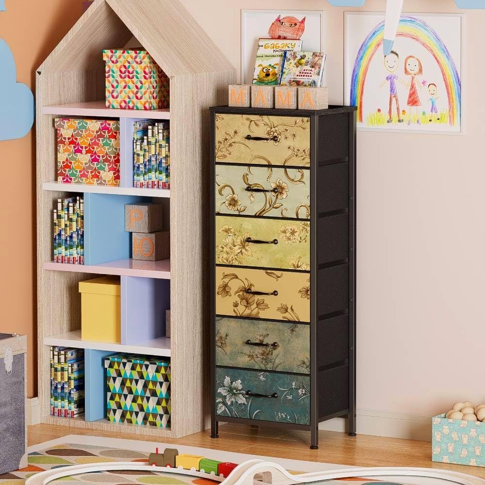 Tall 6 Drawers Dresser, Vintage Storage Organizer Unit With Fabric Bins For Bedroom, Living Room, Closet, Nusery, Dorm, Entryway, Bedside Furniture, Sturdy Metal Frame, Wood Top