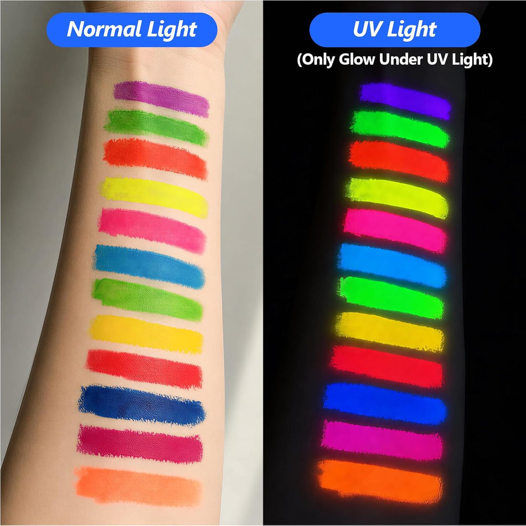 12 Pack Glow Face Body Paint,Neon Body Paint Sticks,Glow In The Dark Paint Under Uv Black Light,Makeup Face Painting Kit Professional Party Supplies For Halloween,Christmas,Birthday Party