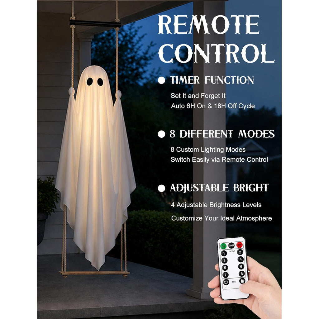 Halloween Decorations Outdoor 3.7Ft Pre-Assembled Hanging Swing Ghost With Remote Lights Spooky Hanging Ghosts For Porch Yard Tree Party