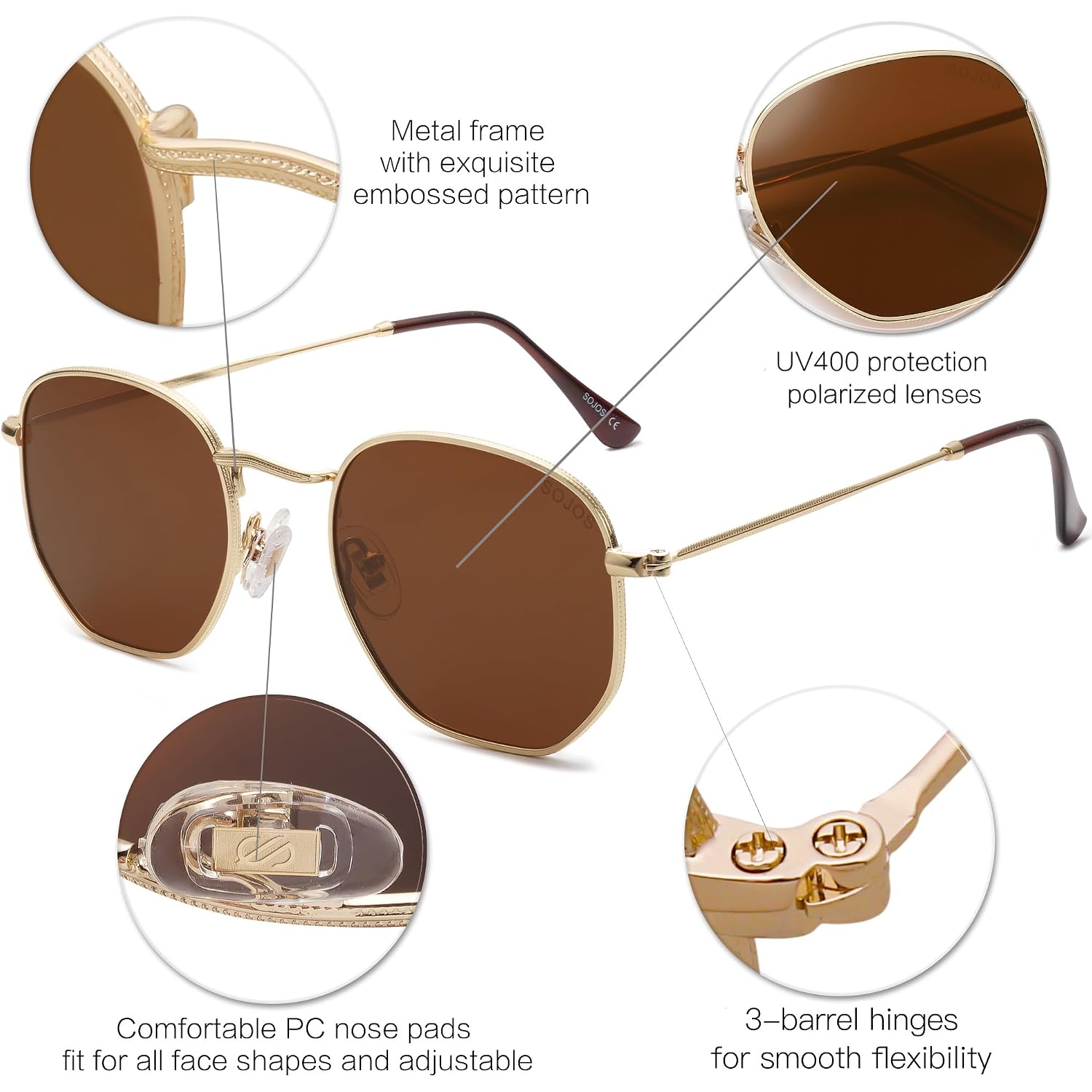 SOJOS Square Polarized Sunglasses for Women Men Small Hexagonal Polygon Shades SJ1072 Brown
