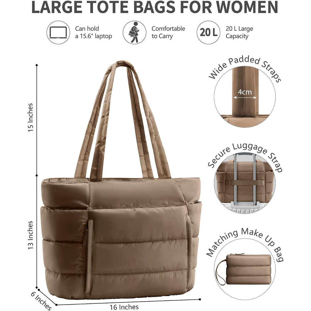 Bagstellar Puffer Tote Bag For Women, Lightweight Puffy Work Handbag Teacher Nurse Quilted Shoulder Bag For School Travel Gym | Cloud Bag W/ Zipper