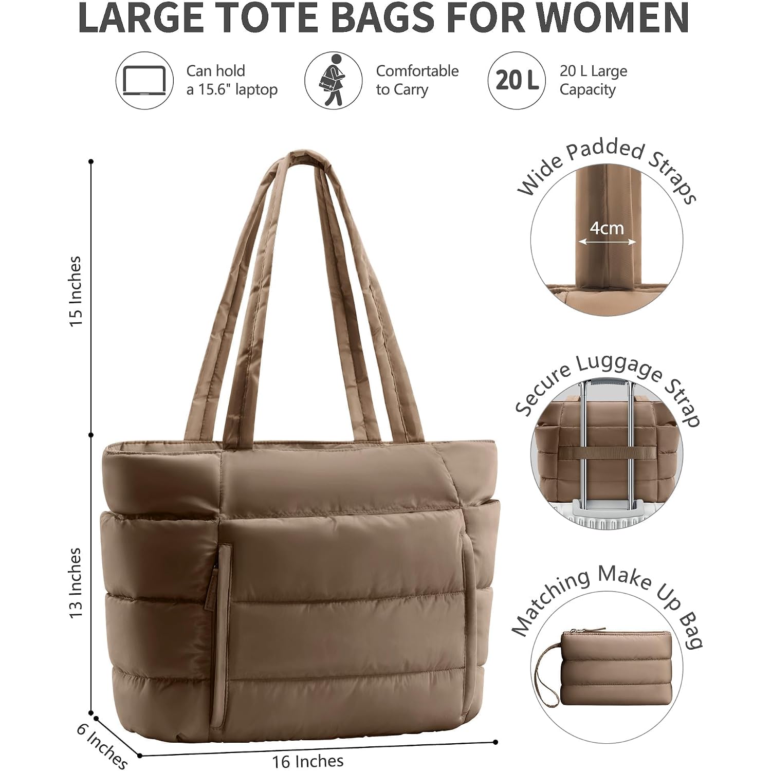 Bagstellar Puffer Tote Bag For Women, Lightweight Puffy Work Handbag Teacher Nurse Quilted Shoulder Bag For School Travel Gym | Cloud Bag W/ Zipper