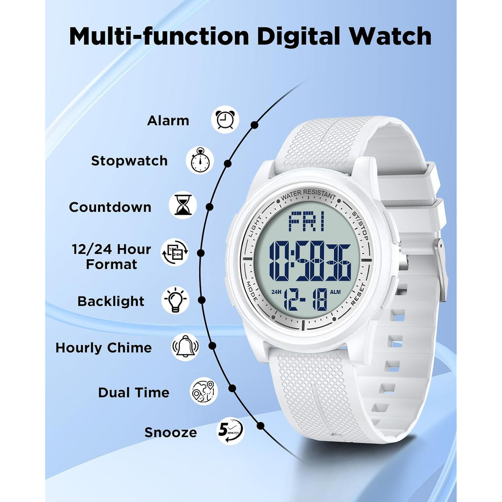 Beeasy Digital Watch For Men Women, 50M Waterproof, Ultra-Thin & Lightweight, 44Mm Silicone Sports Watch With Alarm, Stopwatch, Countdown, Ideal For Gym, Running, School, Daily Wear