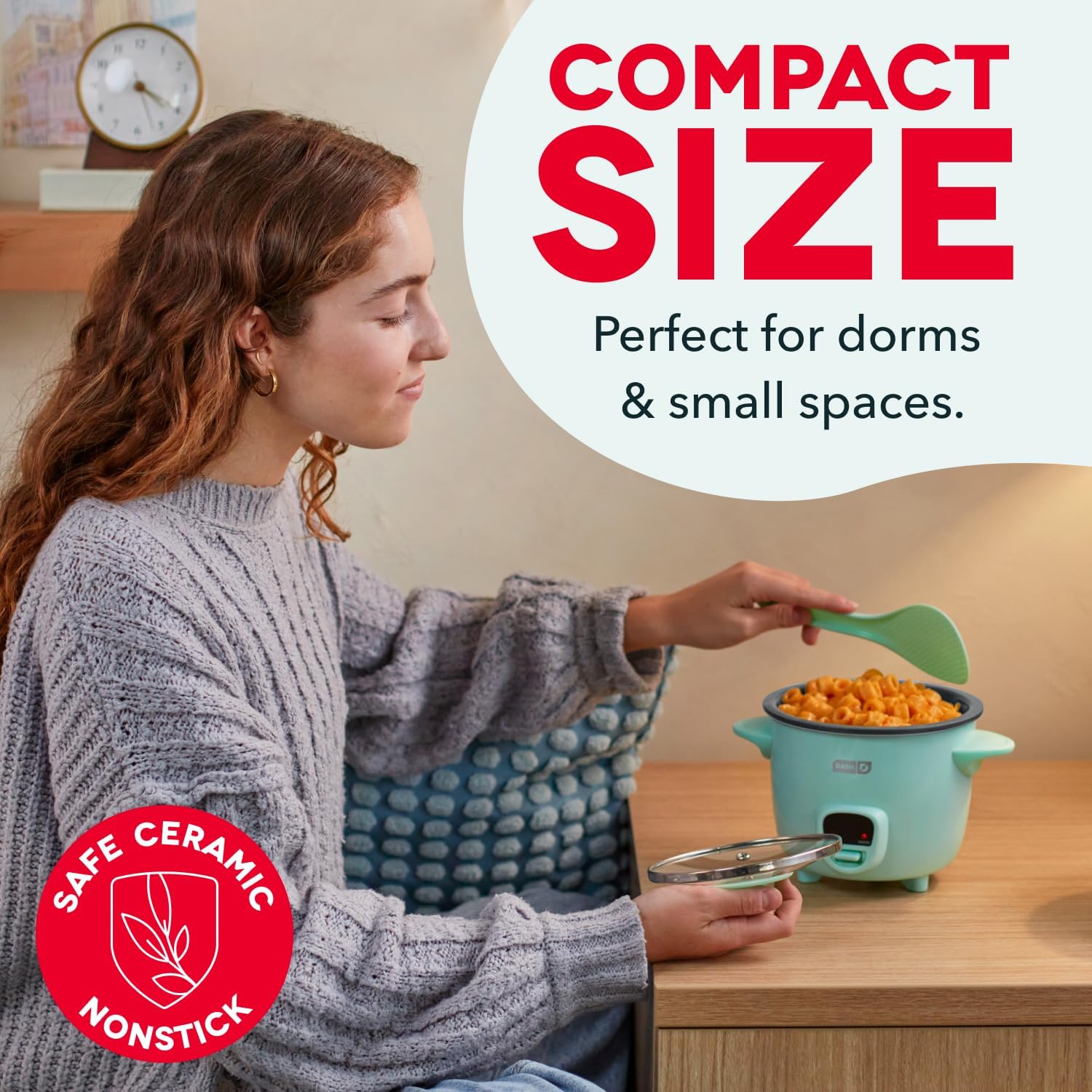 Dash Mini Rice Cooker | Small Rice Maker, 2 Cups Cooked / 1 Cup Uncooked, Ceramic Nonstick Removable Pot, Keep Warm Function, Compact And Portable For Dorm, Travel, Single Serve, Aqua