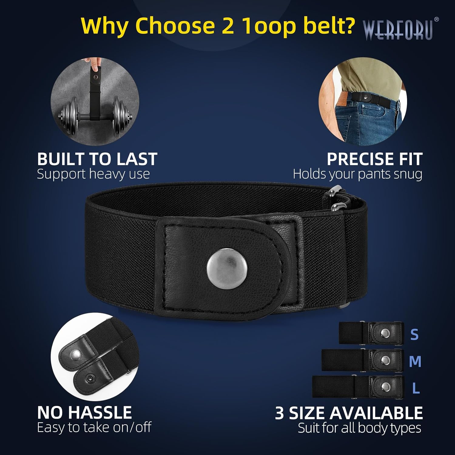 Werforu Men 2 Loop No Buckle Elastic Belt For Women Men Side Belts, Fit 1.5 Inch Belt Loop